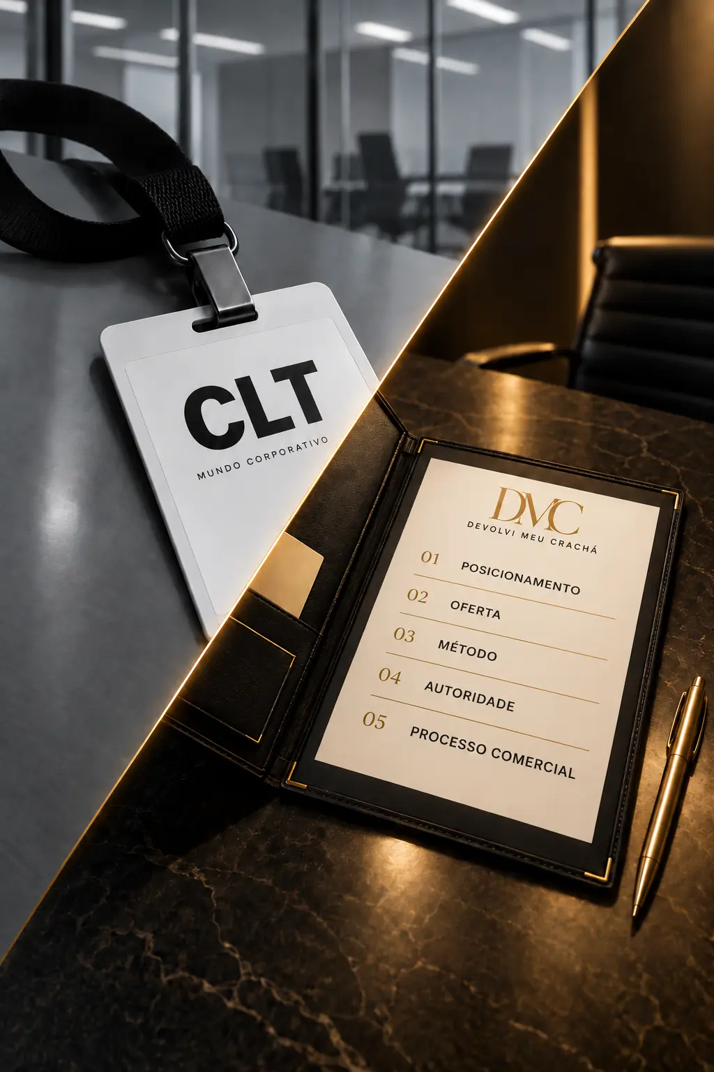 Crachá CLT e dossiê DMC com os cinco pilares: posicionamento, oferta, método, autoridade e processo comercial